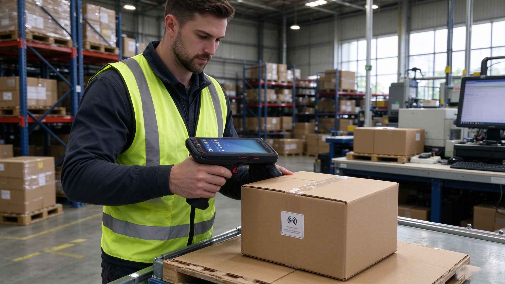 Warehouse operator using a handheld UHF RFID reader to identify tagged cartons in a European distribution center.
