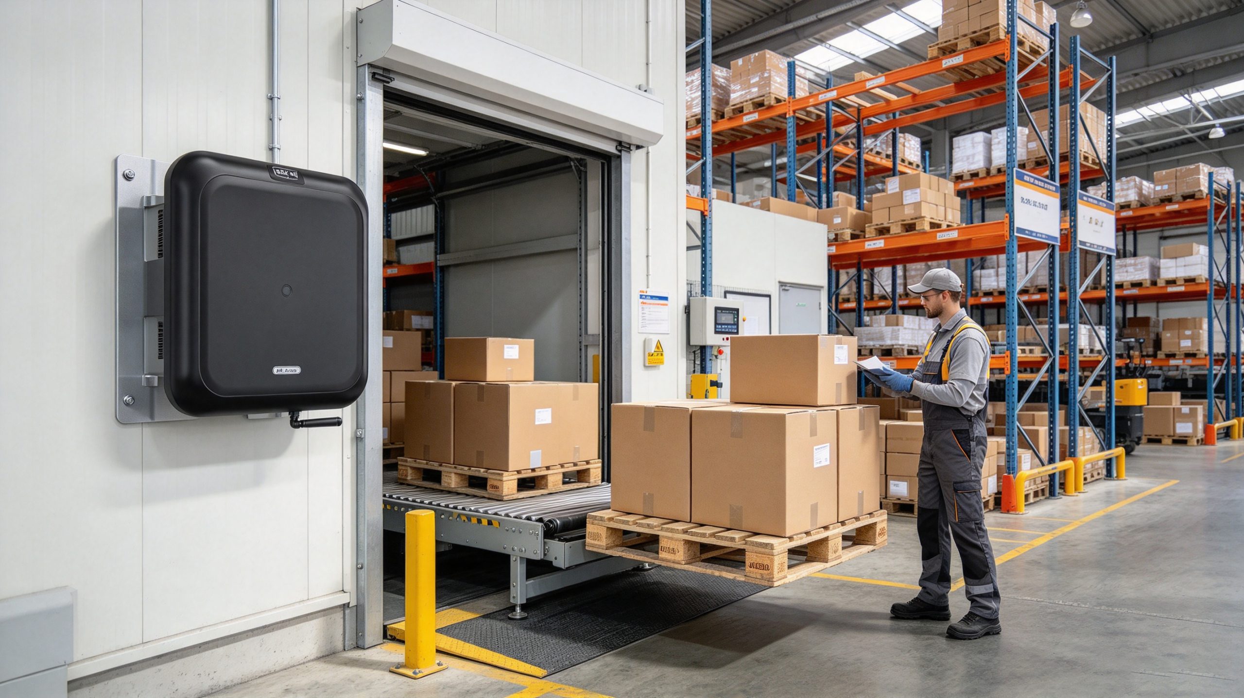 Tagged cartons passing through a warehouse receiving area equipped with a fixed UHF RFID reader.