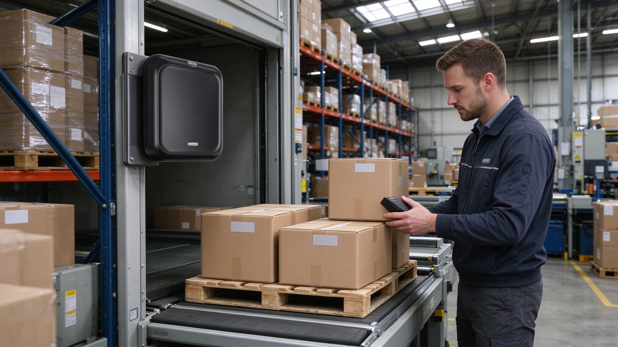 RFID-tagged cartons moving through a warehouse receiving area with a fixed UHF RFID reader.