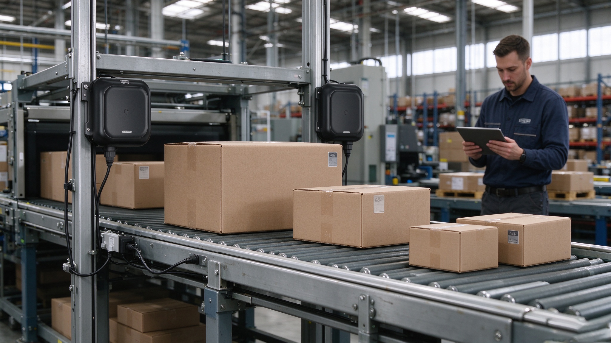 Fixed UHF RFID readers identifying tagged cartons on a warehouse conveyor