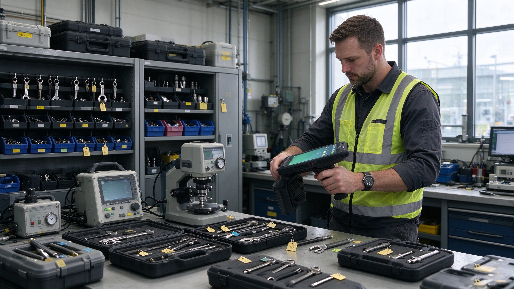 Maintenance technician using a handheld RFID reader to identify valuable tools and diagnostic equipment in an industrial workshop.
