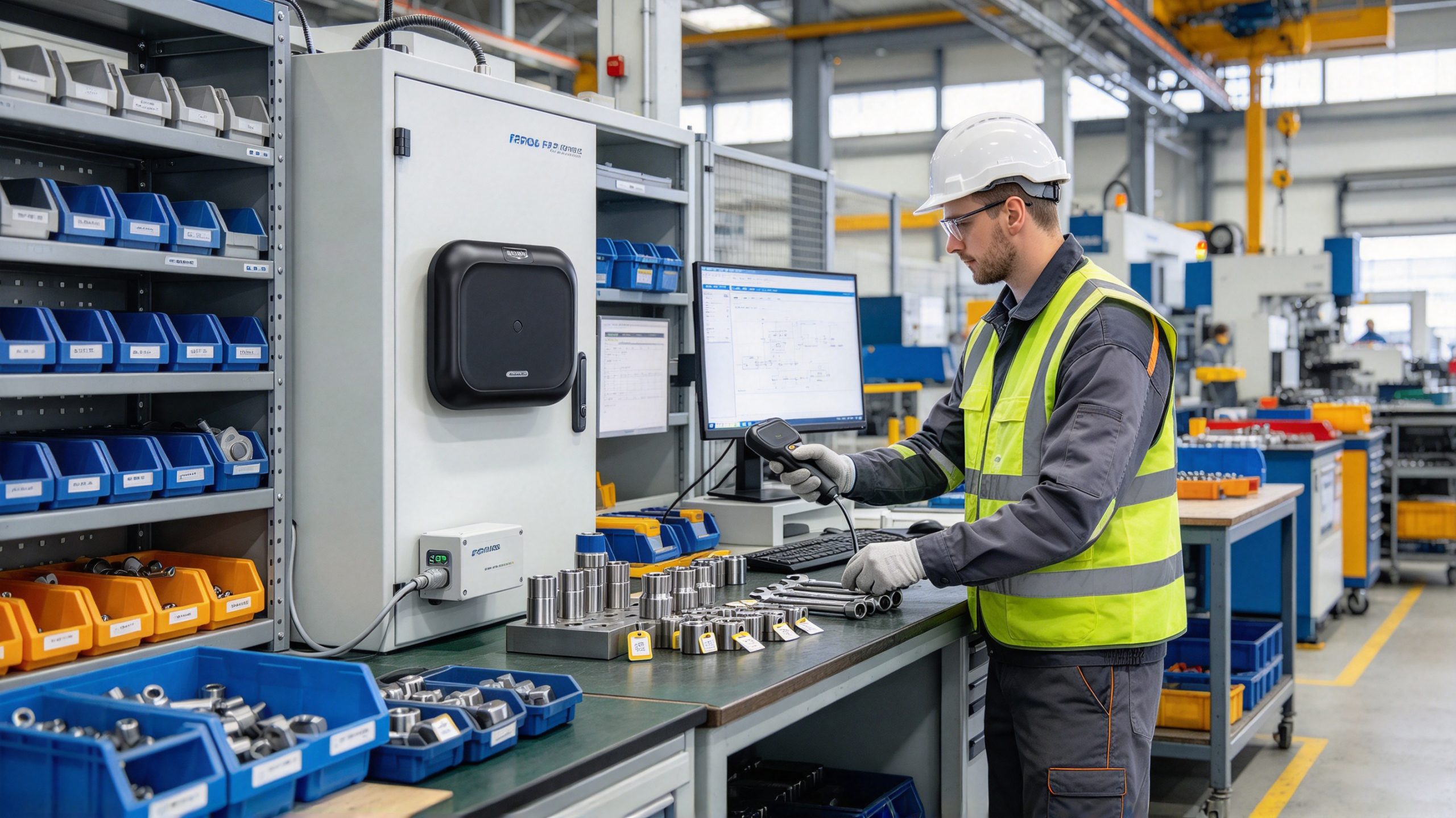 Industrial worker using RFID reader to identify tagged equipment with RFID transponder technology