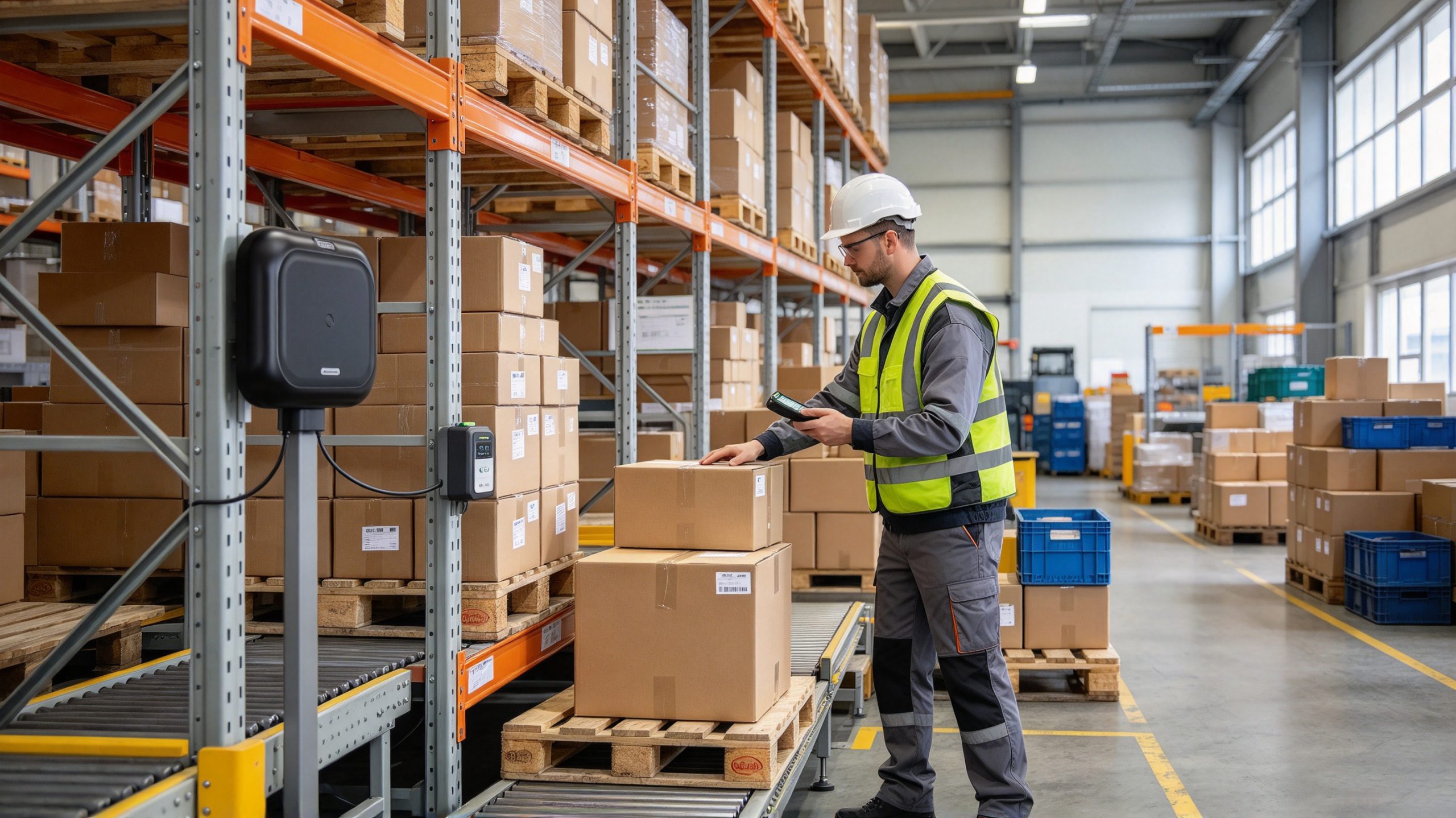 Warehouse employee managing RFID transponder tagged products with RFID inventory system