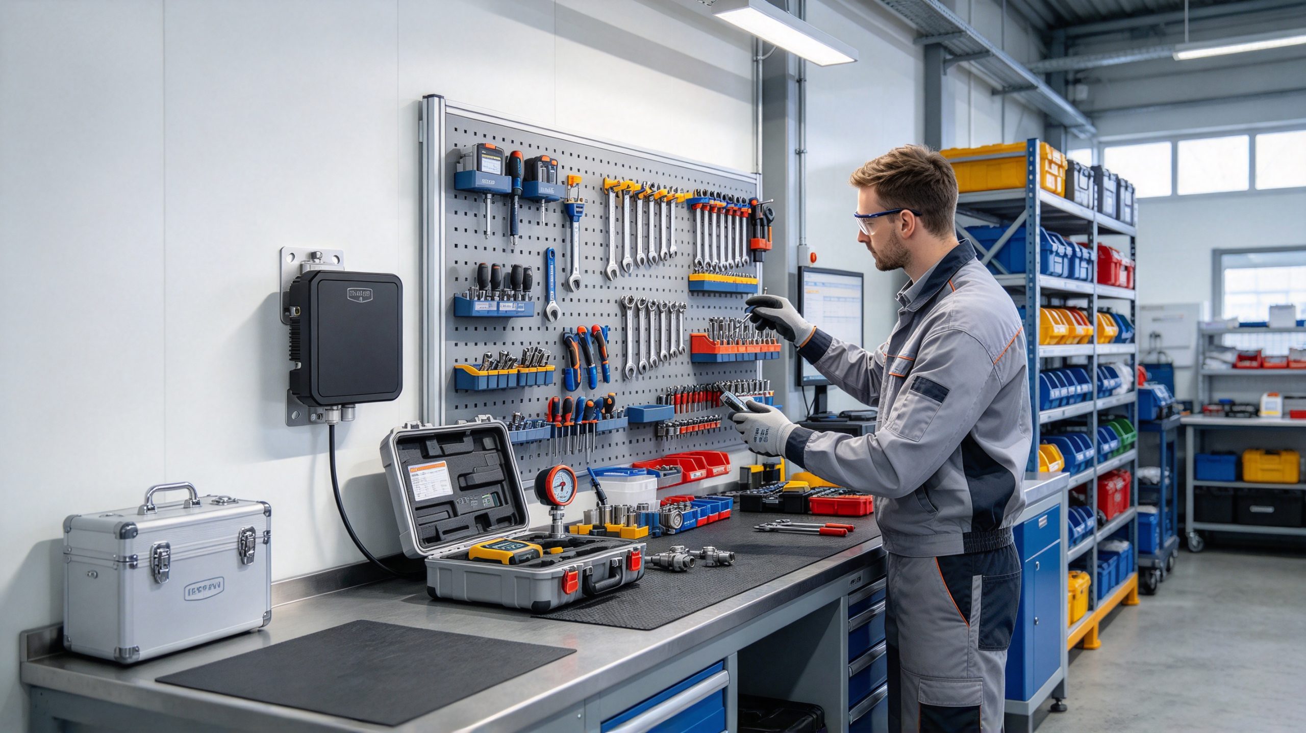 Technician checking industrial tools in a workshop where RFID supports equipment identification and inventory management.