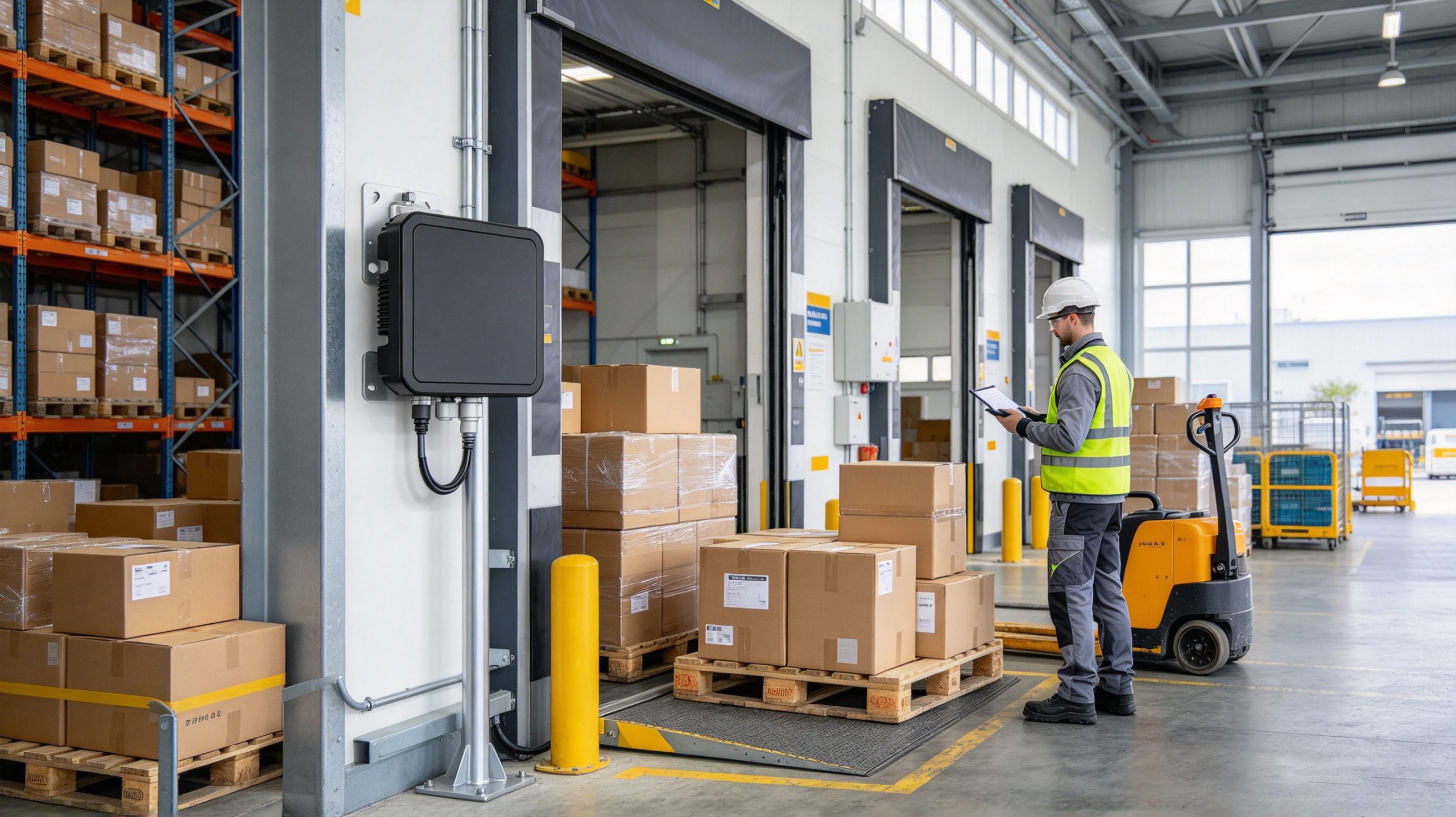 Tagged cartons and pallets moving through a warehouse receiving area equipped with a fixed UHF RFID reader.