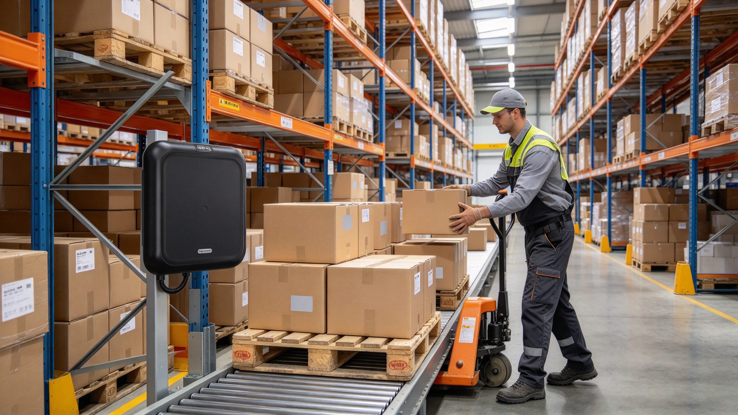 where is rfid used 1 Tagged cartons passing through a warehouse receiving area equipped with a fixed UHF RFID reader.