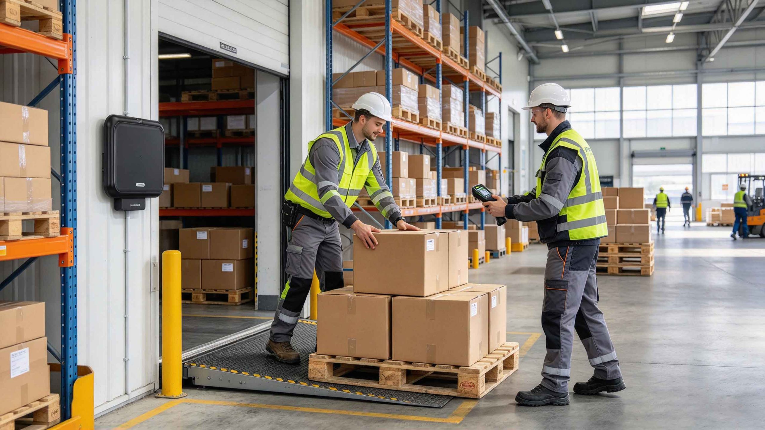 Warehouse operator using a handheld RFID reader to identify tagged cartons during goods receiving.