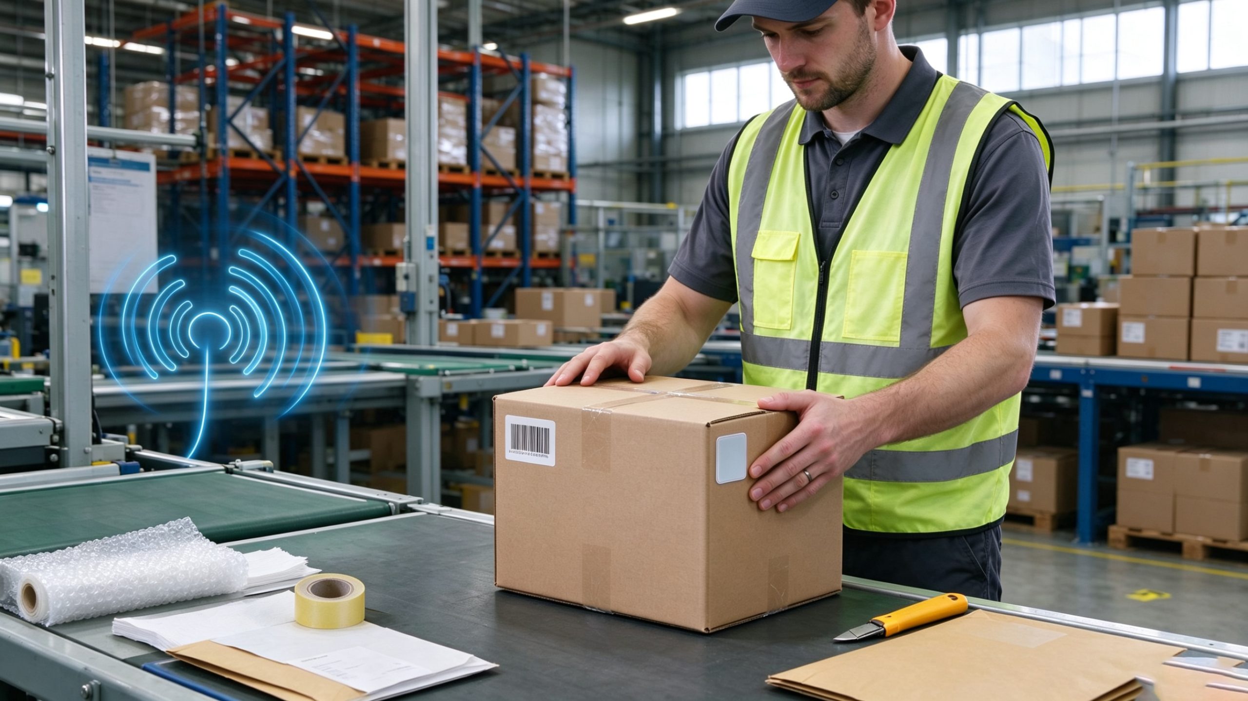 Shipping carton with a printed barcode and RFID label at a warehouse packing station.