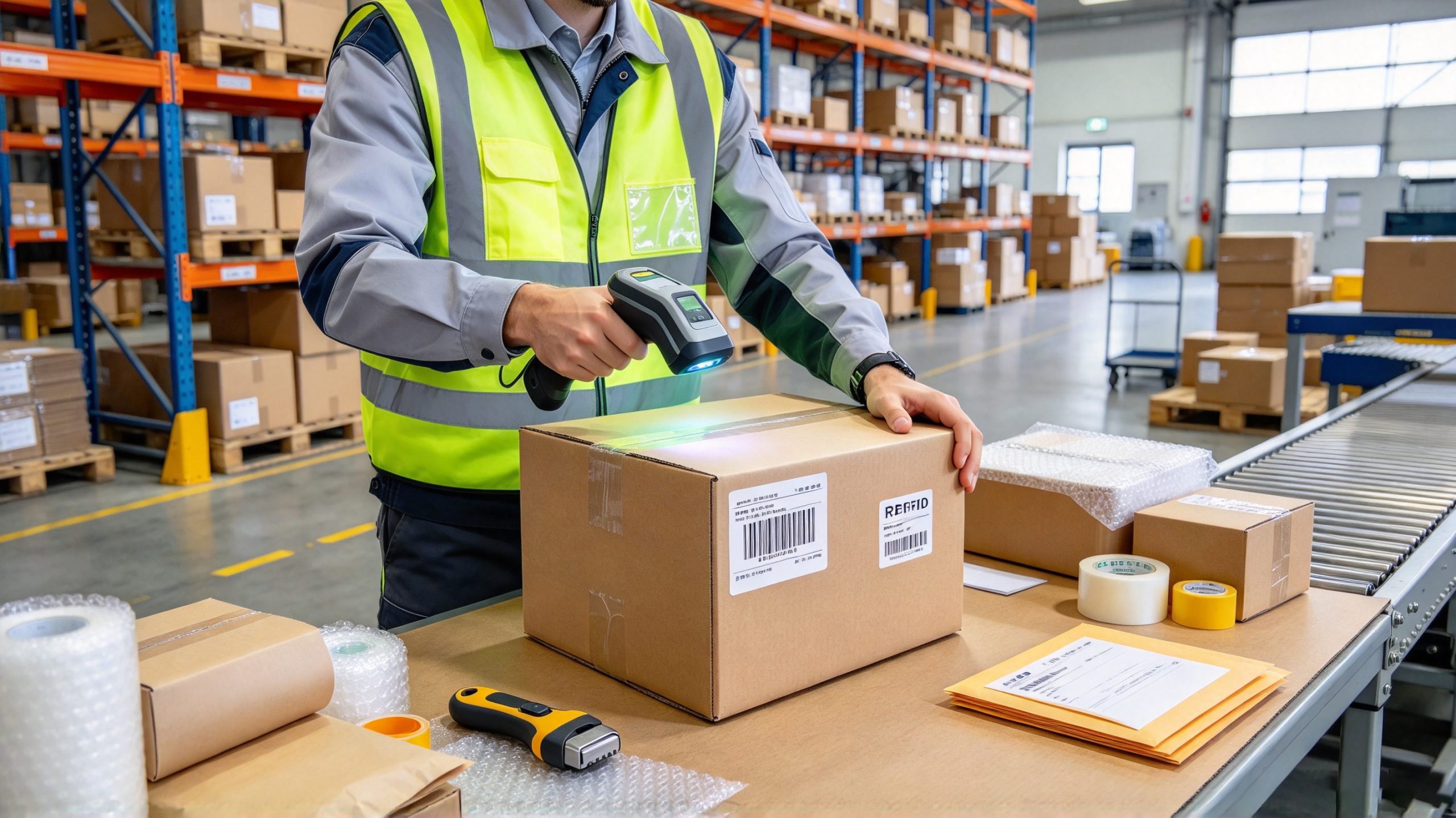 Warehouse employee scanning a carton barcode with an RFID label attached to the package.