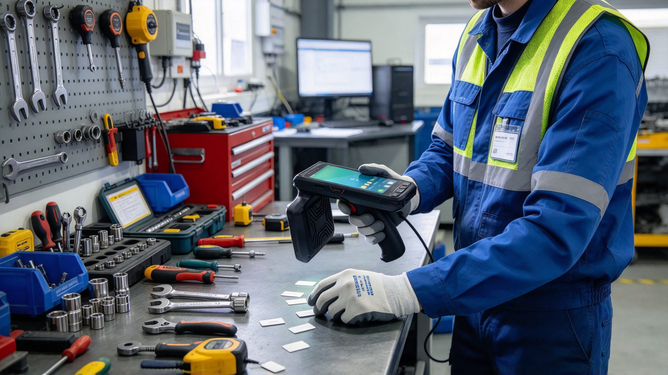 what means rfid 2 Technician using a handheld RFID reader to identify tagged tools in a maintenance workshop