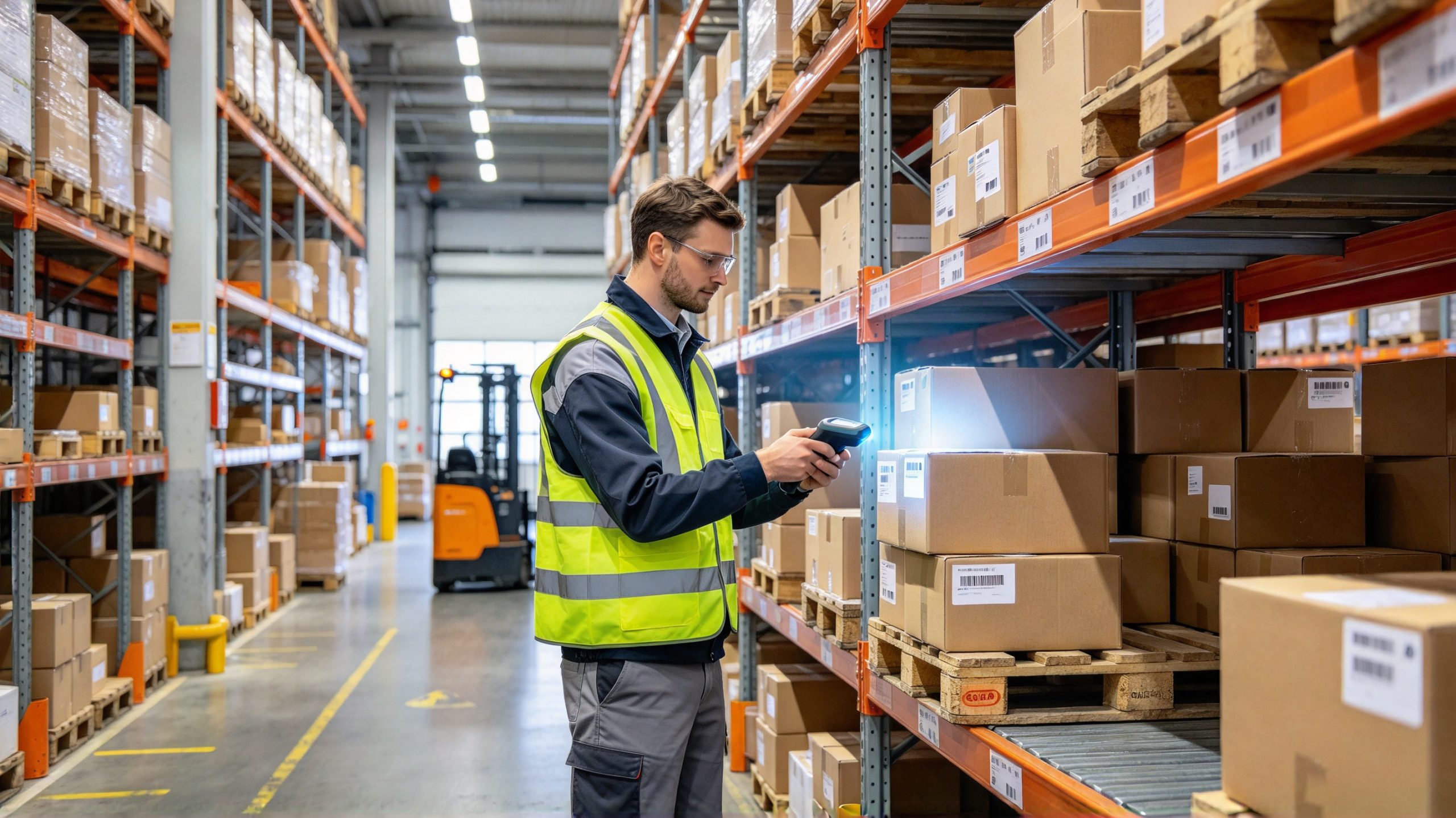 Warehouse employee checking carton labels with a barcode scanner while managing RFID-tagged inventory.