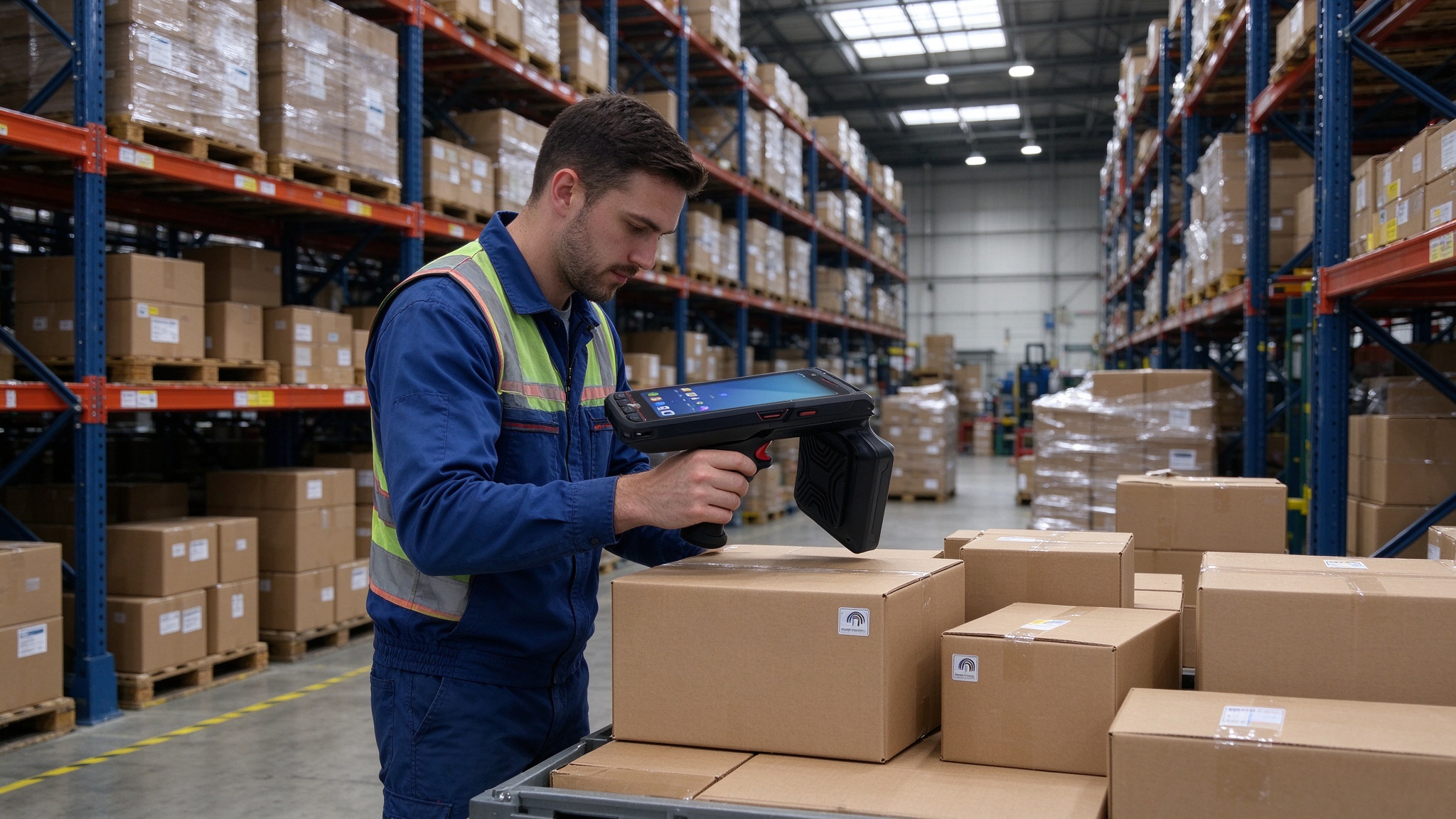 what rfid stands for 1 Warehouse worker using a handheld RFID reader to identify tagged inventory cartons on storage shelves.