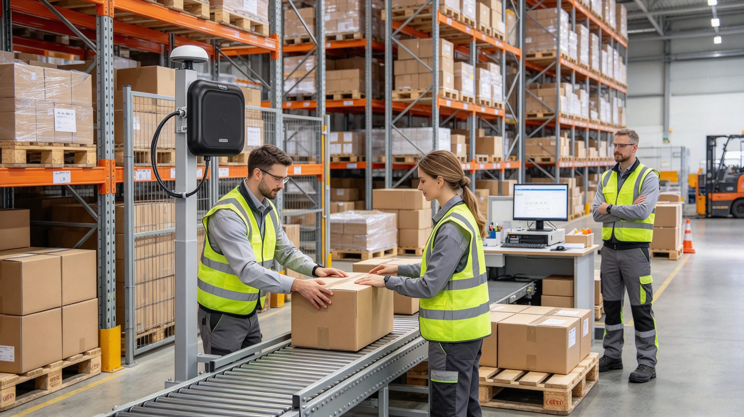 Technician testing a UHF RFID reader and tagged cartons in an industrial warehouse.