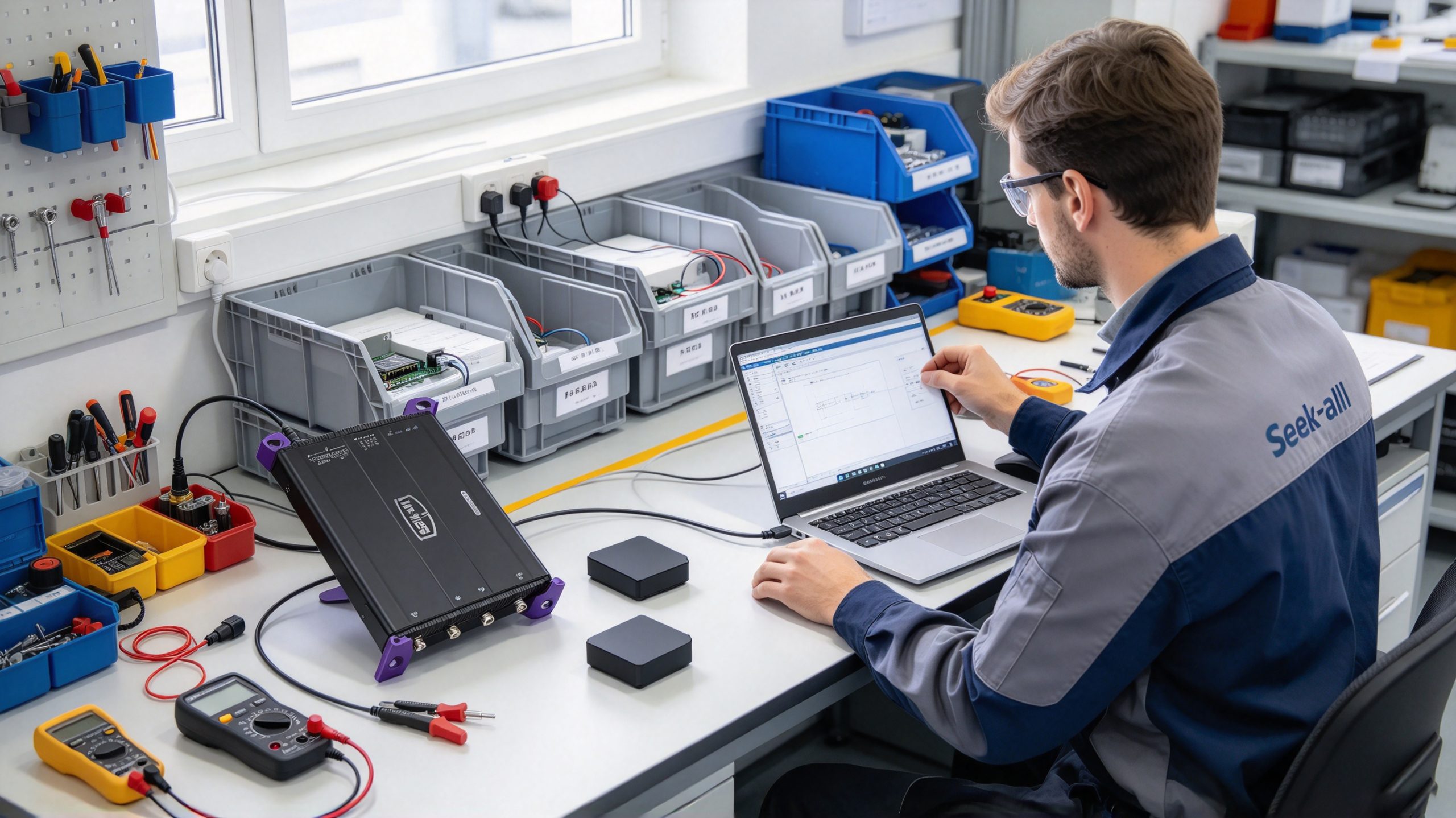 What Is the Range of RFID? 2 Technician testing UHF RFID reader performance with tagged storage bins in an industrial workspace.