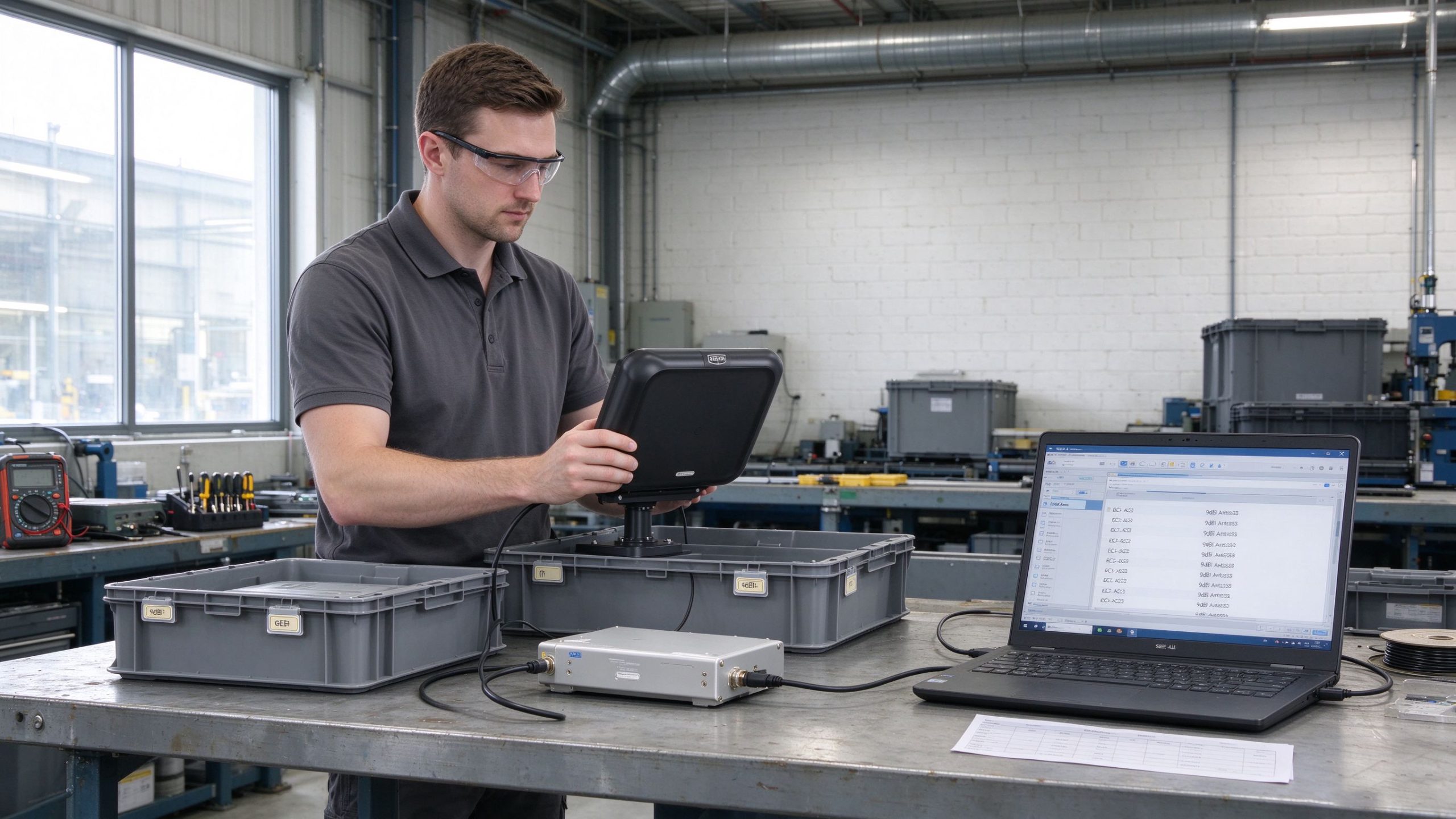 What Is the Range of RFID Tags? 2 Industrial technician testing UHF RFID tags and reader positioning in a realistic engineering workspace.