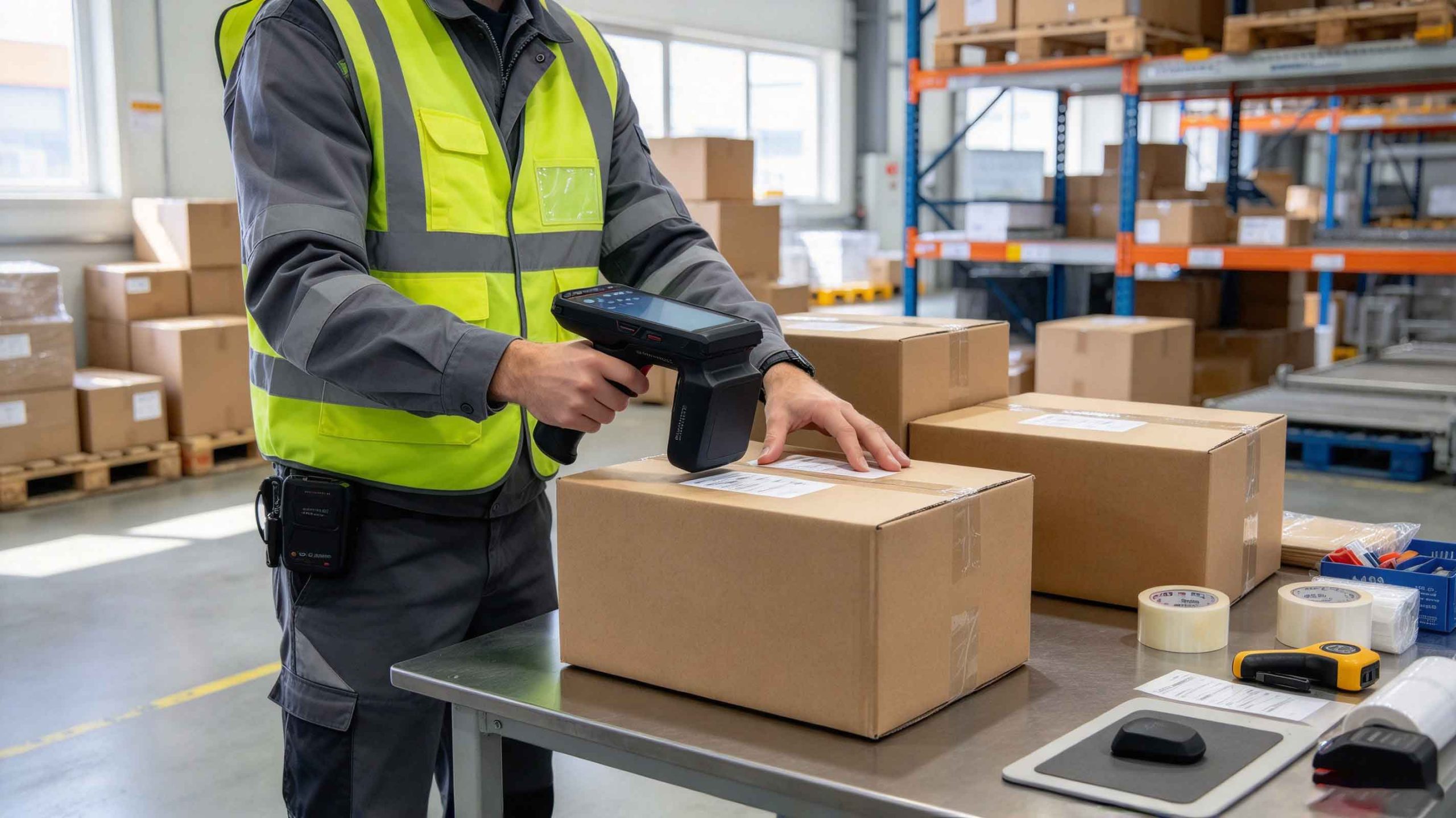 A warehouse technician tests tagged cartons using a handheld UHF RFID reader.