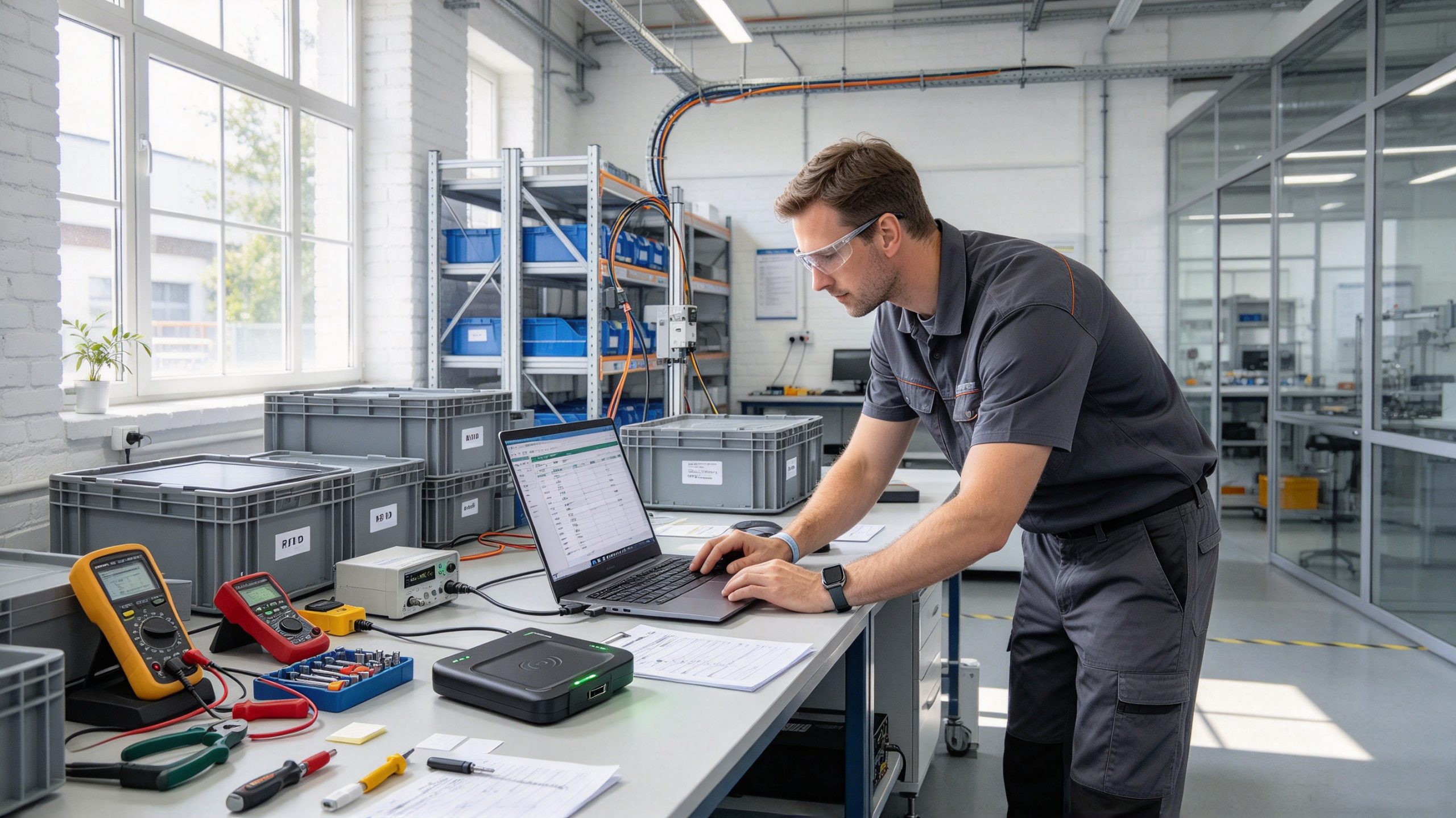 What Is the RFID Reader? 2 Industrial technician testing an RFID reader connected to a laptop beside tagged storage bins.