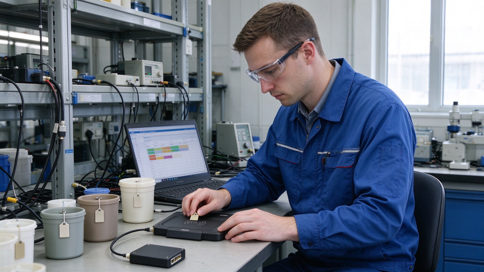 Technician testing an RFID reader with tagged containers in an engineering workspace
