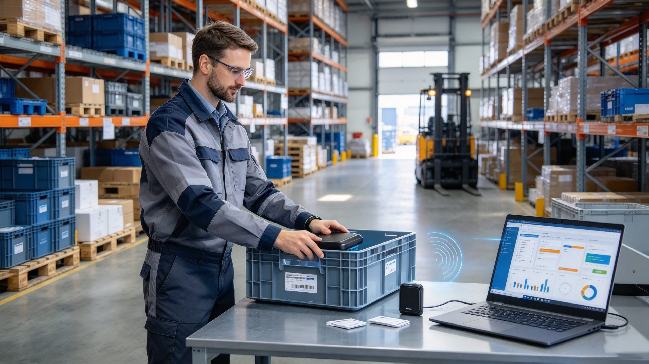 Industrial UHF RFID reader and compatible RFID tags used to read, write, and verify asset identification data at a warehouse workstation.