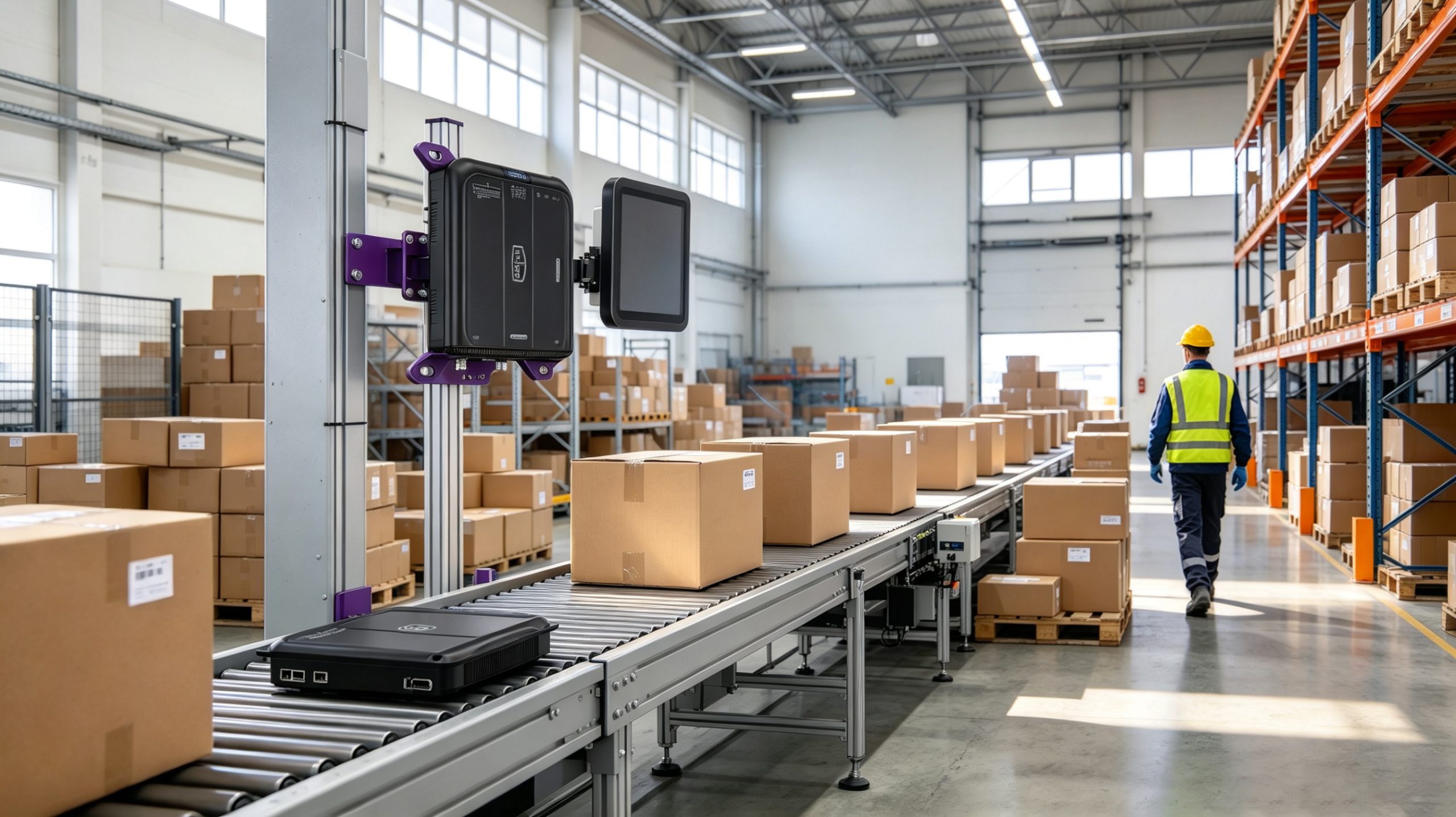 What Is the Range of RFID? 1 UHF RFID reader antenna monitoring tagged cardboard cartons on a warehouse conveyor.