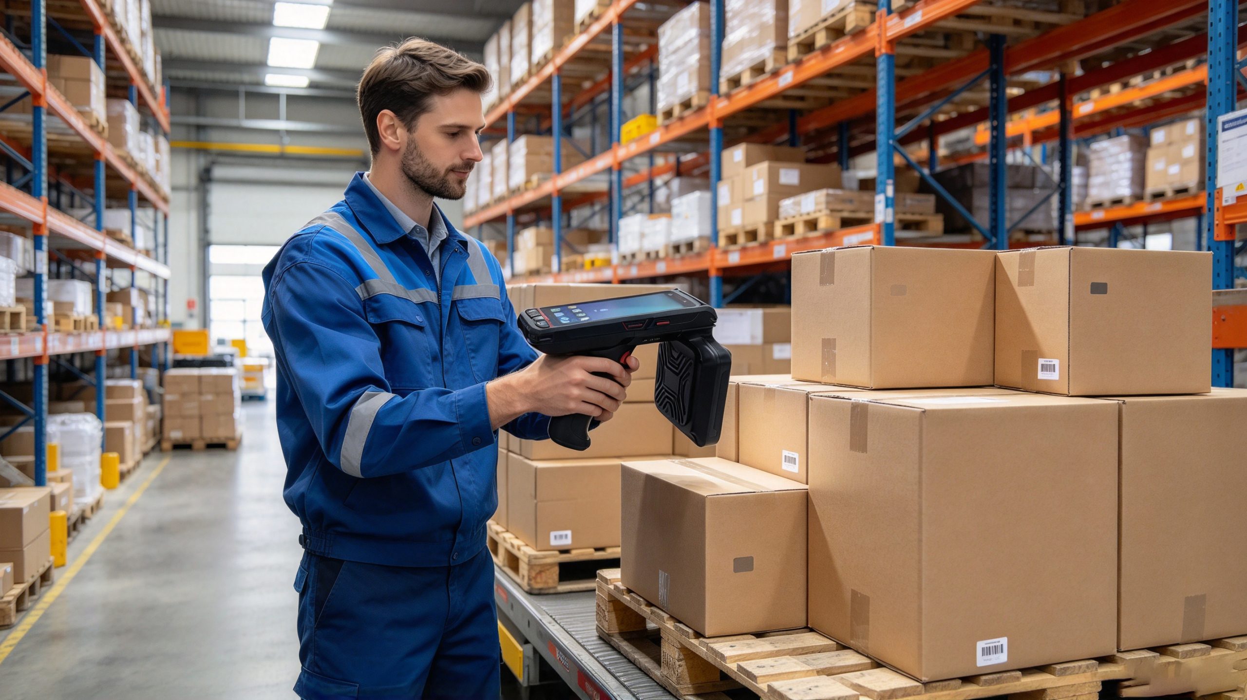 what rfid stands for 3 RFID reader and tagged products in a modern warehouse, illustrating radio frequency identification technology.