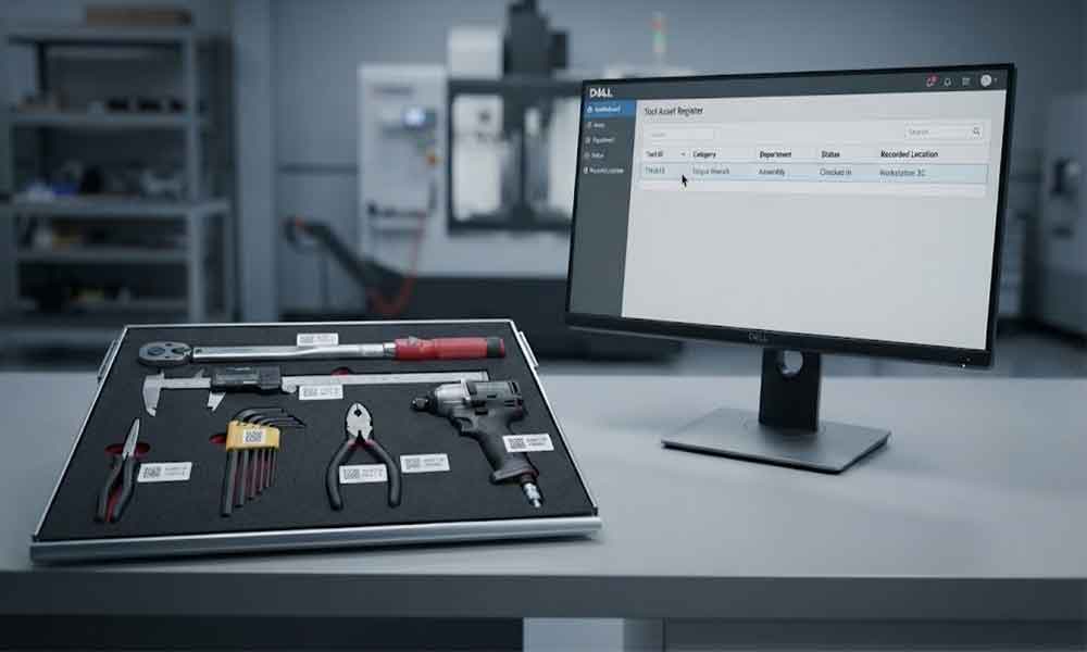 RFID-tagged industrial tools linked to unique asset IDs and digital management records.