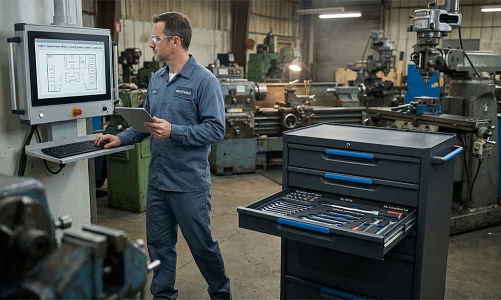 RFID Tool Cabinet for Tool Downtime Management: Reduce Delays and Improve Tool Availability 1 Technician checking recorded tool locations using an RFID tool management system.