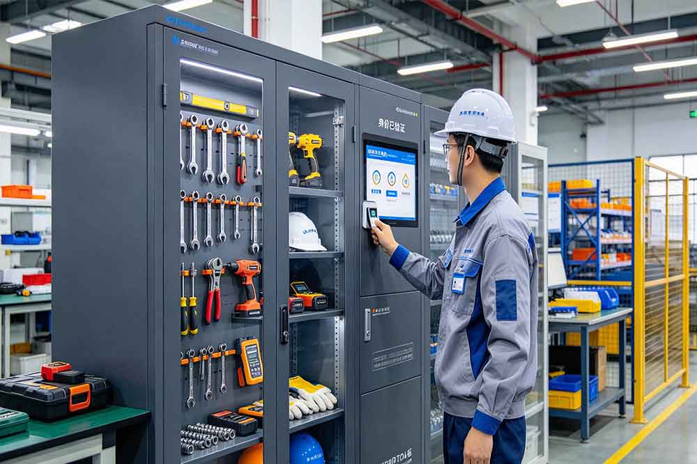 RFID Tool Cabinet for Tool Compliance Management: Improve Control, Records, and Accountability 1 Employee authenticating at an RFID tool cabinet before accessing authorized industrial tools.