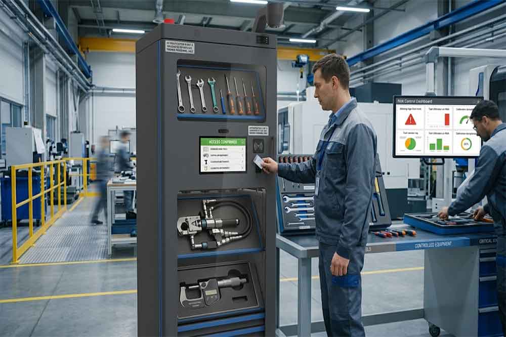 Technician authenticating at an RFID tool cabinet with different access permissions for controlled industrial tools.
