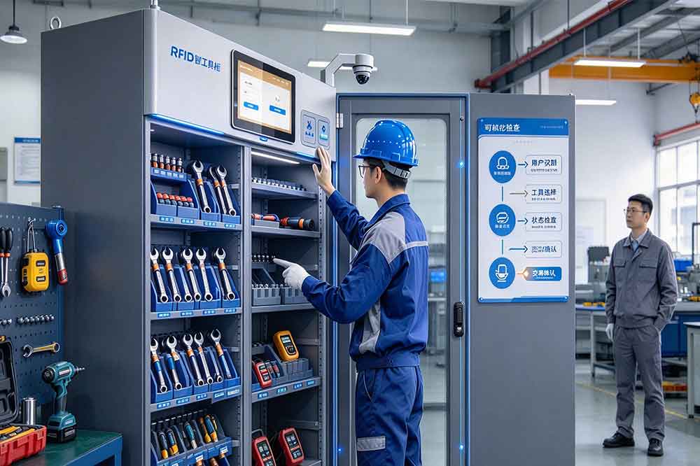 RFID Tool Cabinet for Standard Operating Procedure (SOP) Management 1 Technician following a standardized checkout procedure at an RFID smart tool cabinet.