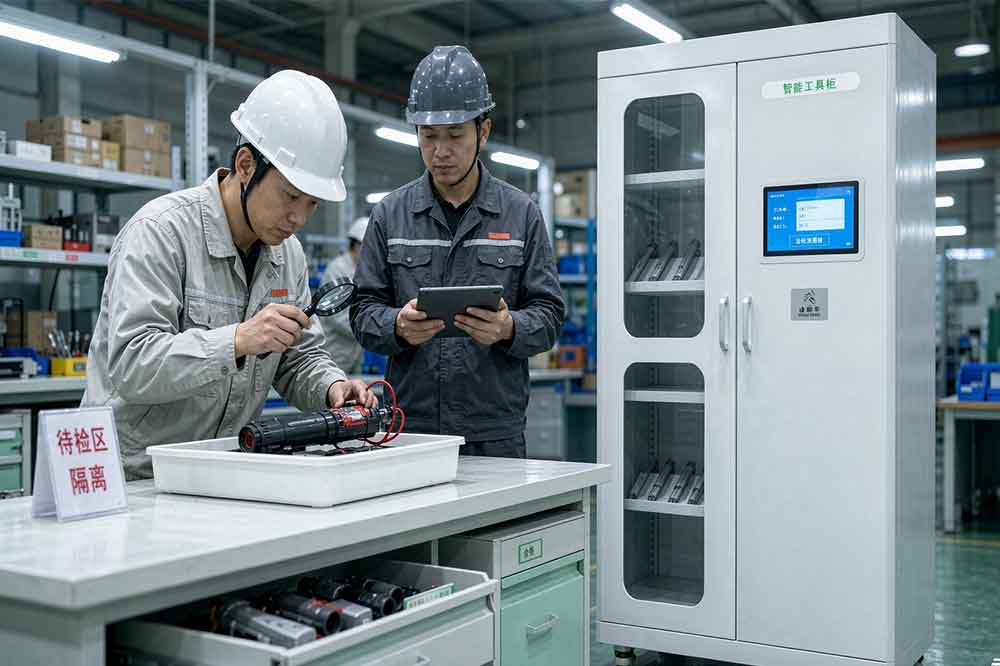 RFID Tool Cabinet for Standard Operating Procedure (SOP) Management 2 Industrial technician reviewing a tool status and following a documented exception procedure before returning it to service.