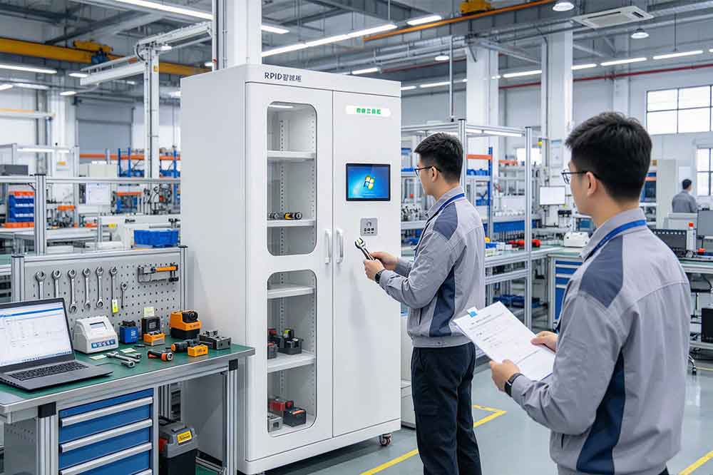 RFID Tool Cabinet for Standard Operating Procedure (SOP) Management 3 Engineers and tool room staff testing RFID checkout, return, and exception procedures before deployment.