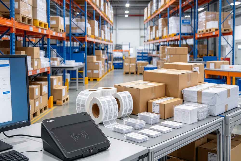 How to Choose the Right USB RFID Reader for Your Application 1 Desktop UHF RFID reader positioned near several RFID-tagged inventory items.