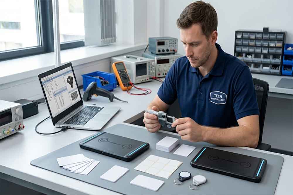 Purchasing engineer comparing desktop USB RFID reader models and compatible RFID tags.