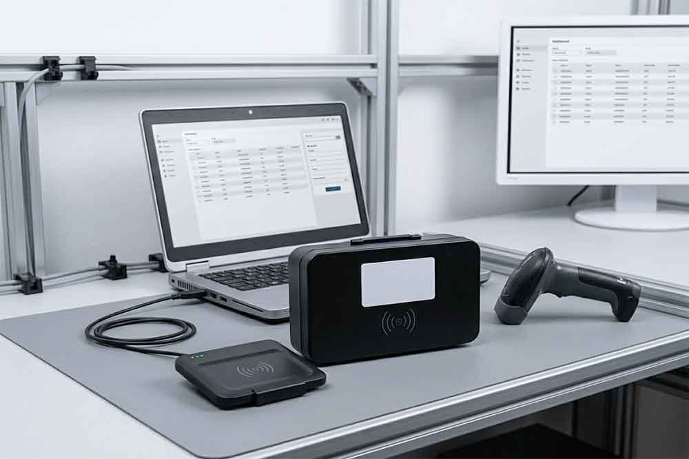 USB RFID reader identifying an RFID tag at a desktop inventory workstation