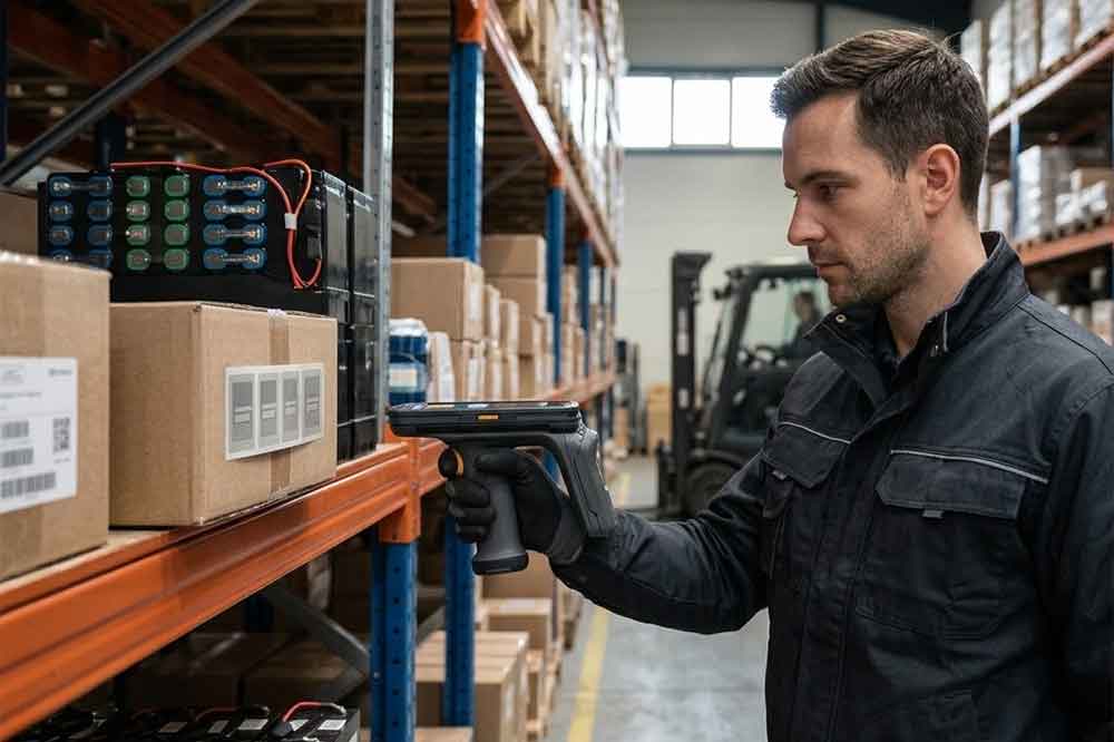 Warehouse employee using a handheld barcode scanner to read a product label