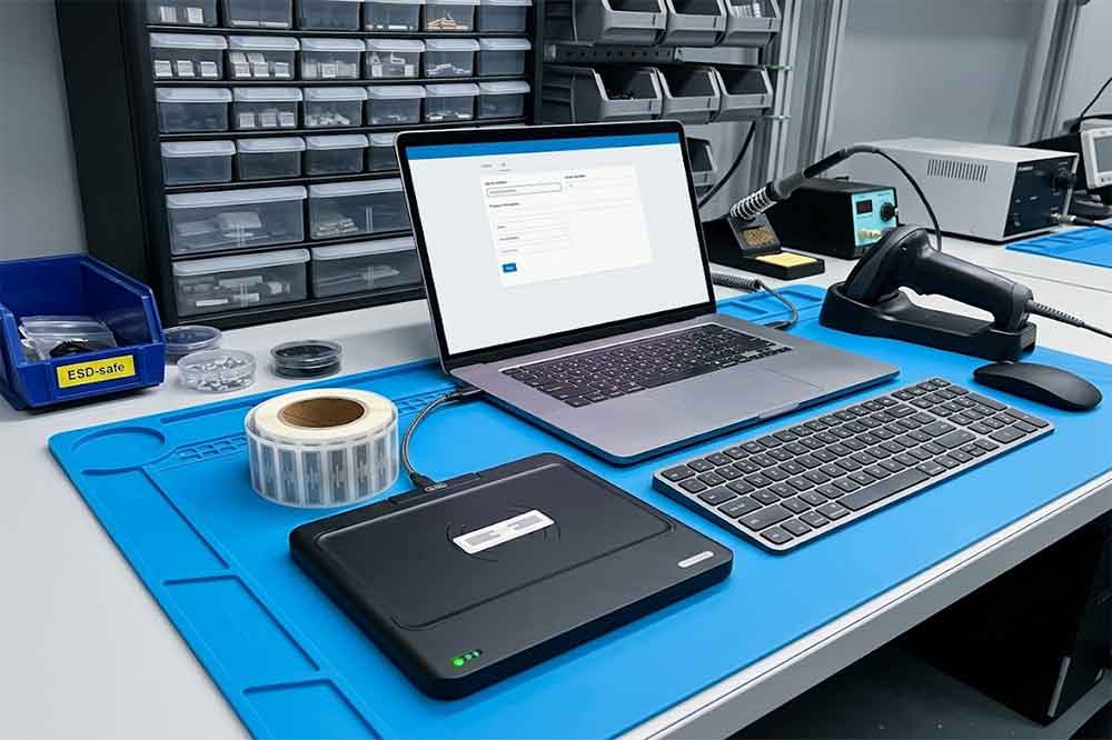 USB RFID Reader Applications: 7 Business Use Cases 3 USB RFID reader and compatible RFID tags arranged at a product registration workstation