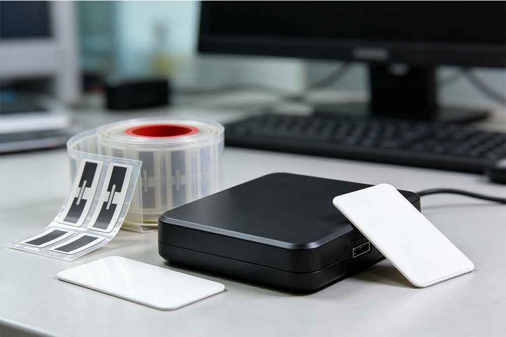 USB RFID Reader Frequency: LF vs HF vs UHF 1 HF USB RFID reader beside compatible 13.56 MHz RFID cards and tags