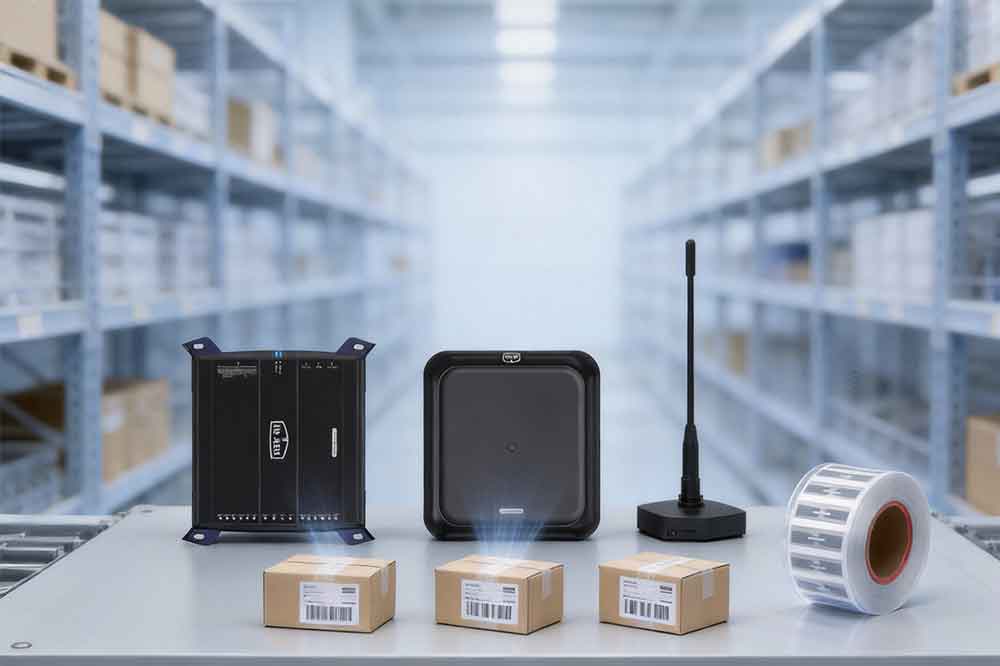 USB RFID Reader Frequency: LF vs HF vs UHF 2 UHF RFID reader and tagged products arranged for inventory identification