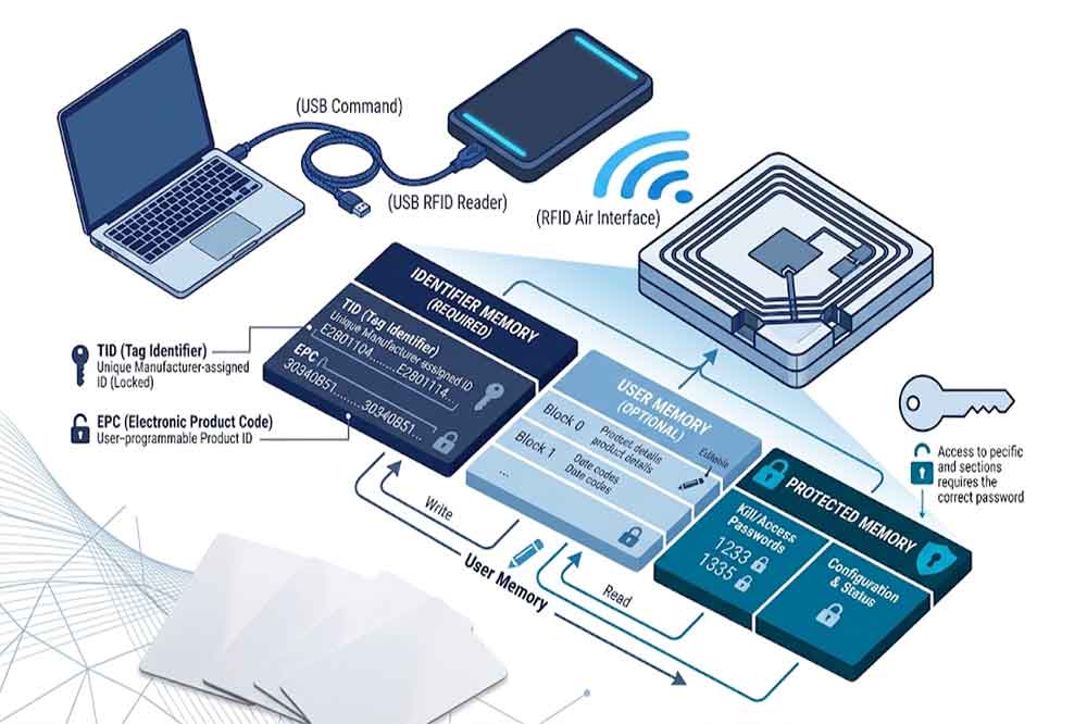 Technical illustration explaining RFID tag memory areas and read/write operations.