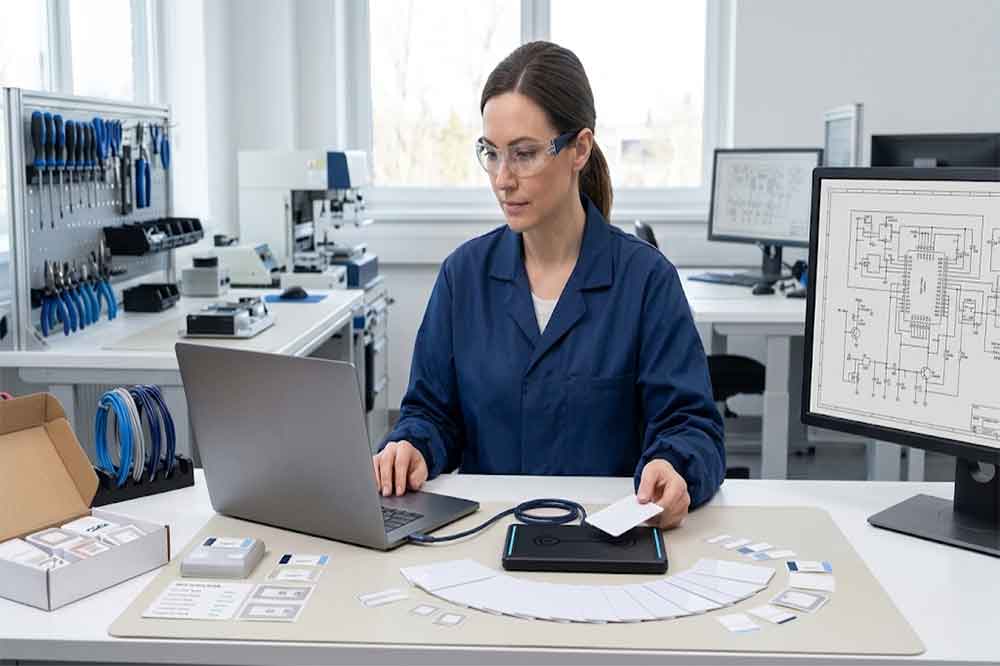 USB RFID reader encoding product tags and verifying written data at a manufacturing workstation.
