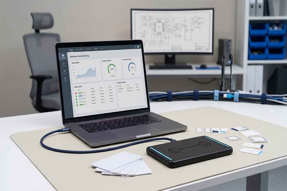 USB RFID reader connected to a development workstation for software and SDK integration testing.
