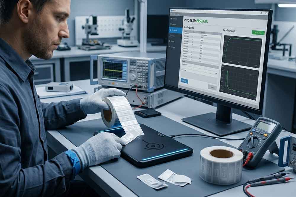 Technician testing a USB RFID reader and RFID tags at a computer workstation before deployment.