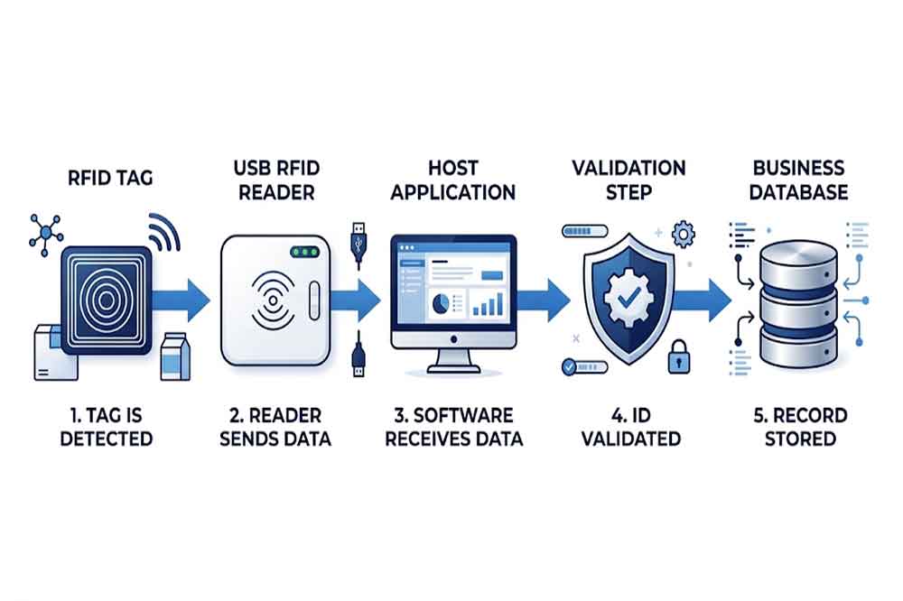Diagram showing RFID tag data flowing from a USB reader through an application to an inventory or ERP database.