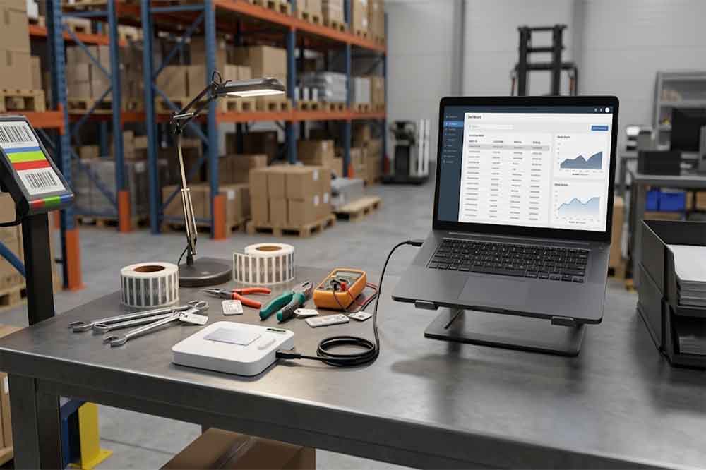 USB RFID reader used at a computer workstation to identify tagged inventory items and update asset records.
