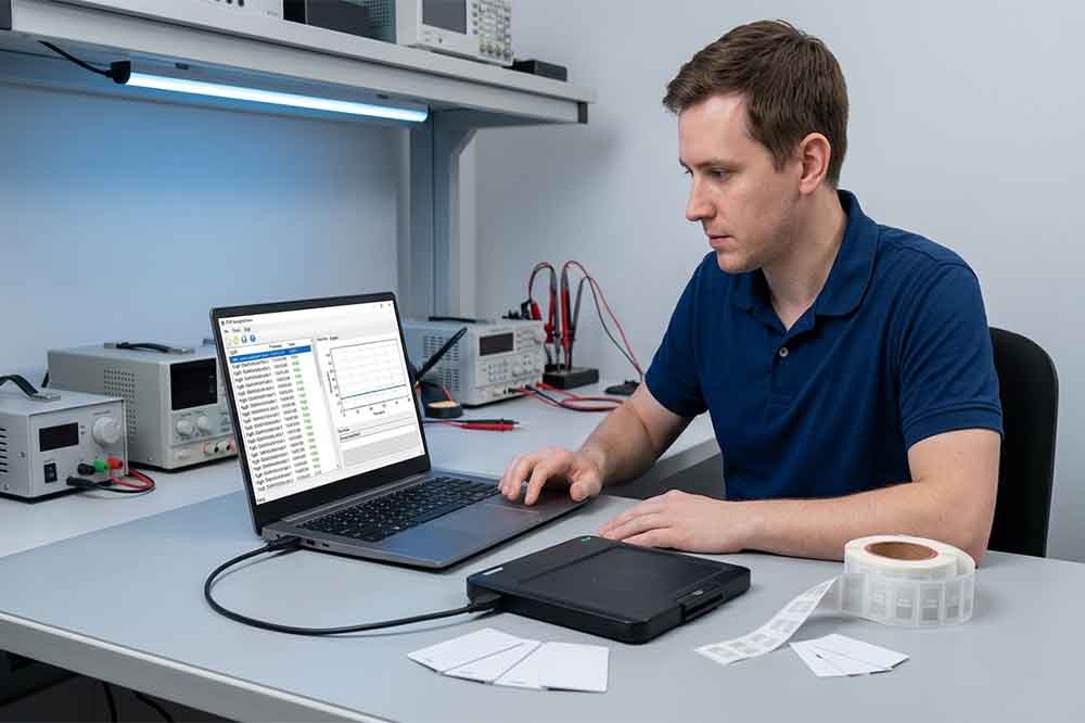 Developer testing a USB RFID reader SDK with real RFID tags on a computer workstation.