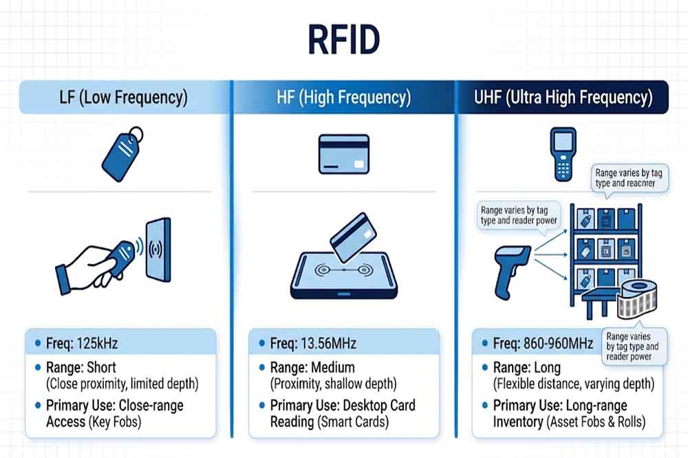 USB RFID Reader Reading Range — What Affects RFID Read Distance? 1 Technical comparison of LF, HF, and UHF RFID technologies and their typical reading-distance applications.