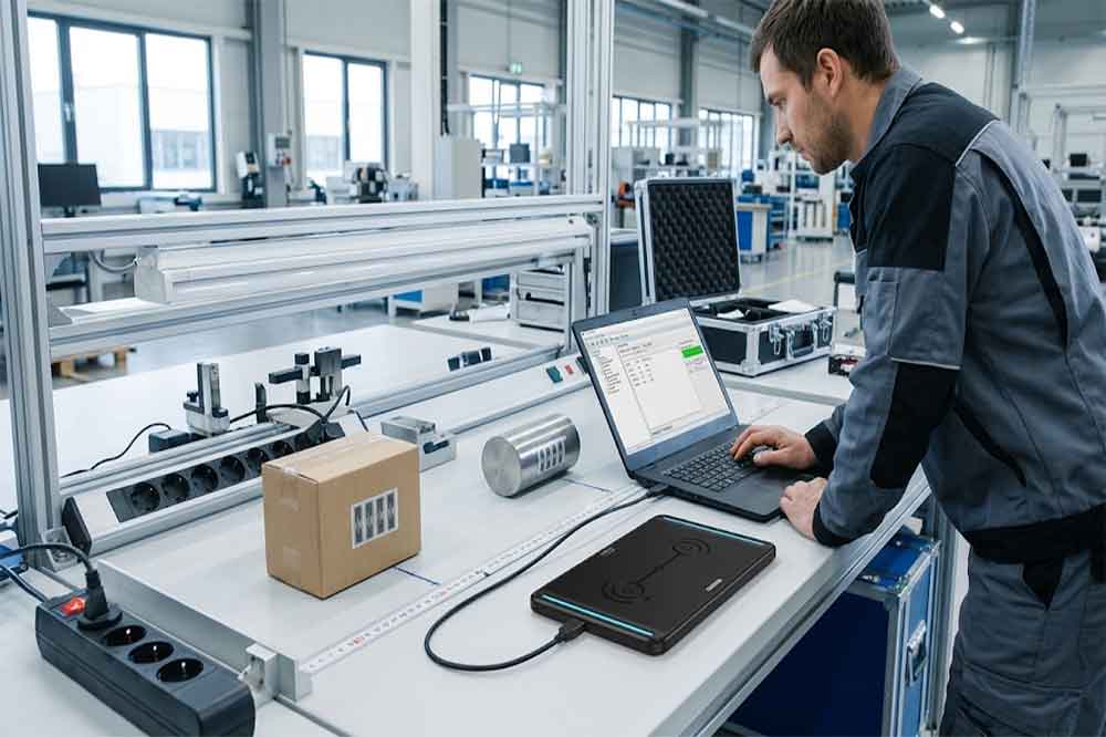USB RFID Reader Reading Range — What Affects RFID Read Distance? 2 Engineer testing USB RFID reader performance with tagged products at different distances and orientations.