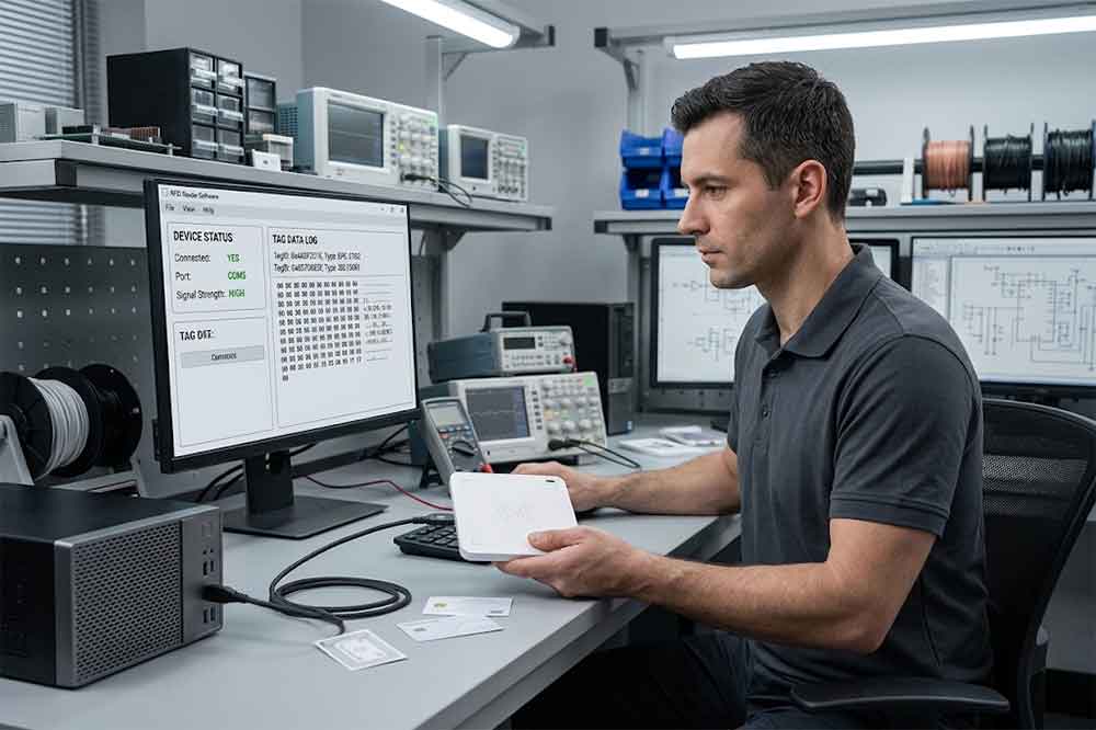 USB RFID Reader Troubleshooting: Common Problems and Solutions 2 Engineer checking USB RFID reader communication and tag data on a computer