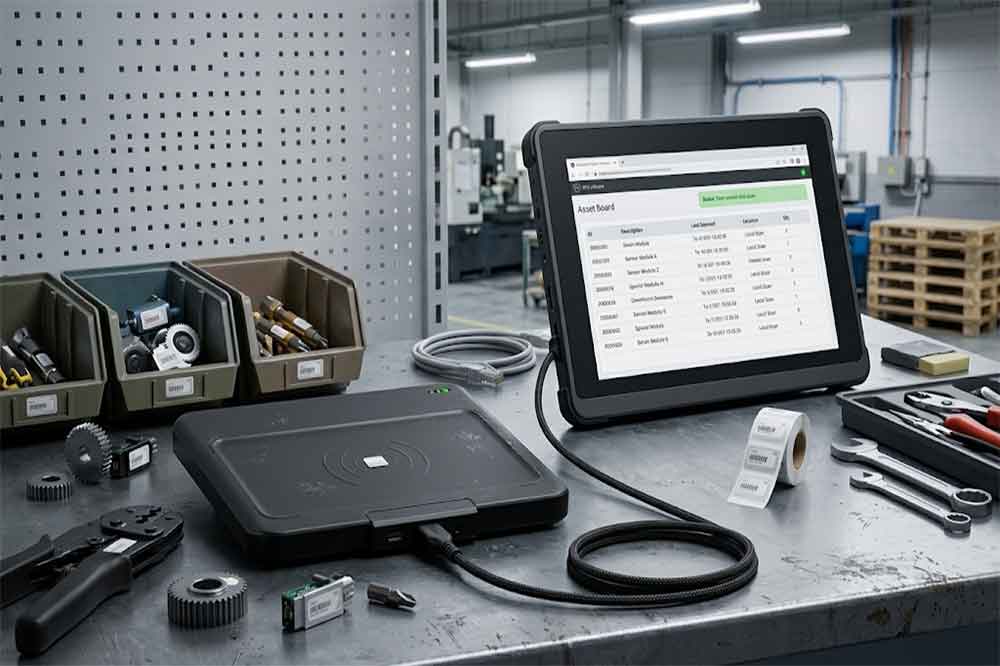 USB RFID Reader Integration with Business Software 2 USB RFID reader identifying tagged tools and inventory items for asset management software